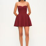Khela bordo godet detaylı mini elbise