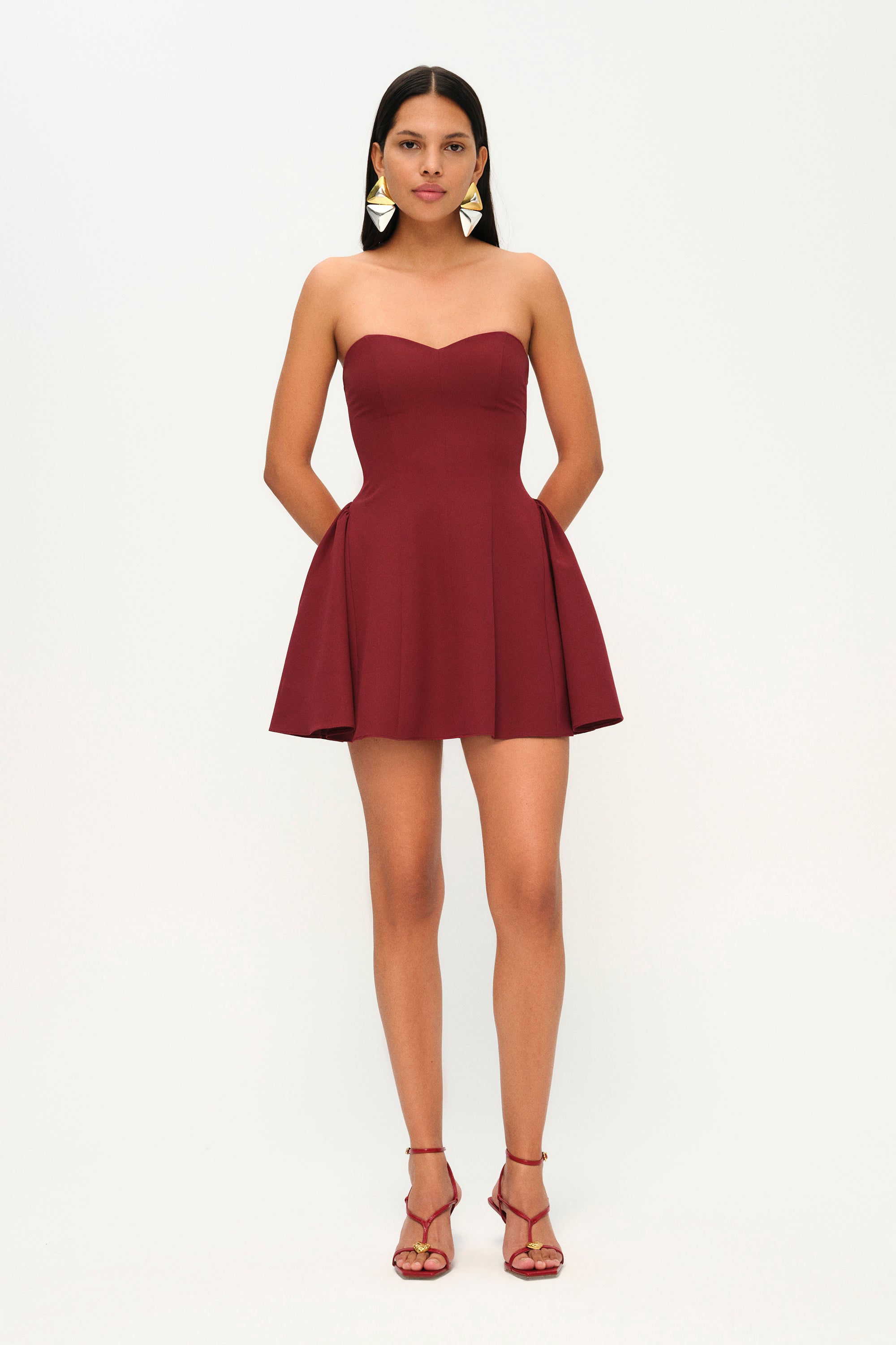 Khela bordo godet detaylı mini elbise