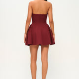Khela bordo godet detaylı mini elbise