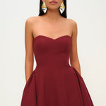 Khela bordo godet detaylı mini elbise