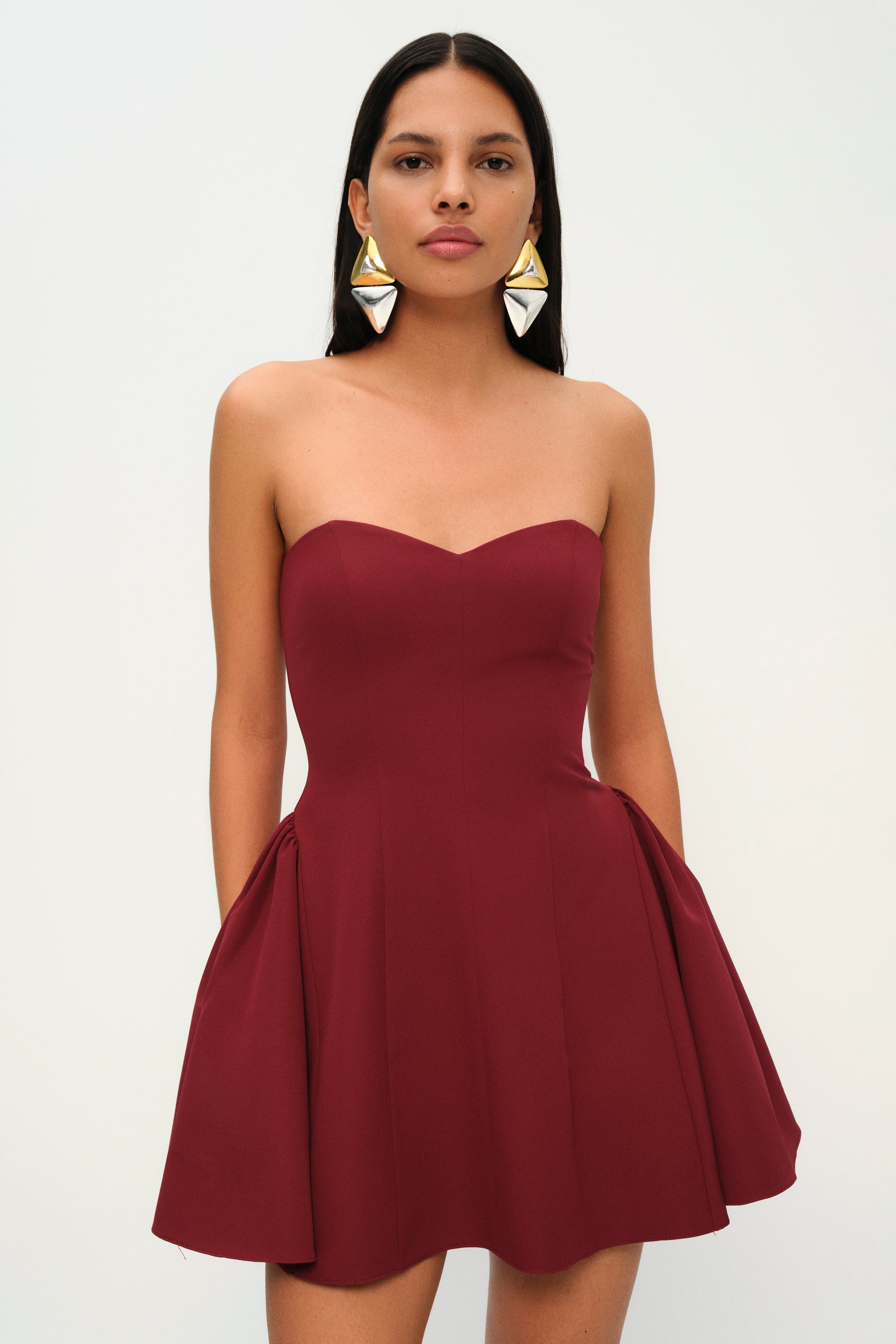 Khela bordo godet detaylı mini elbise
