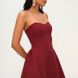 Khela bordo godet detaylı mini elbise