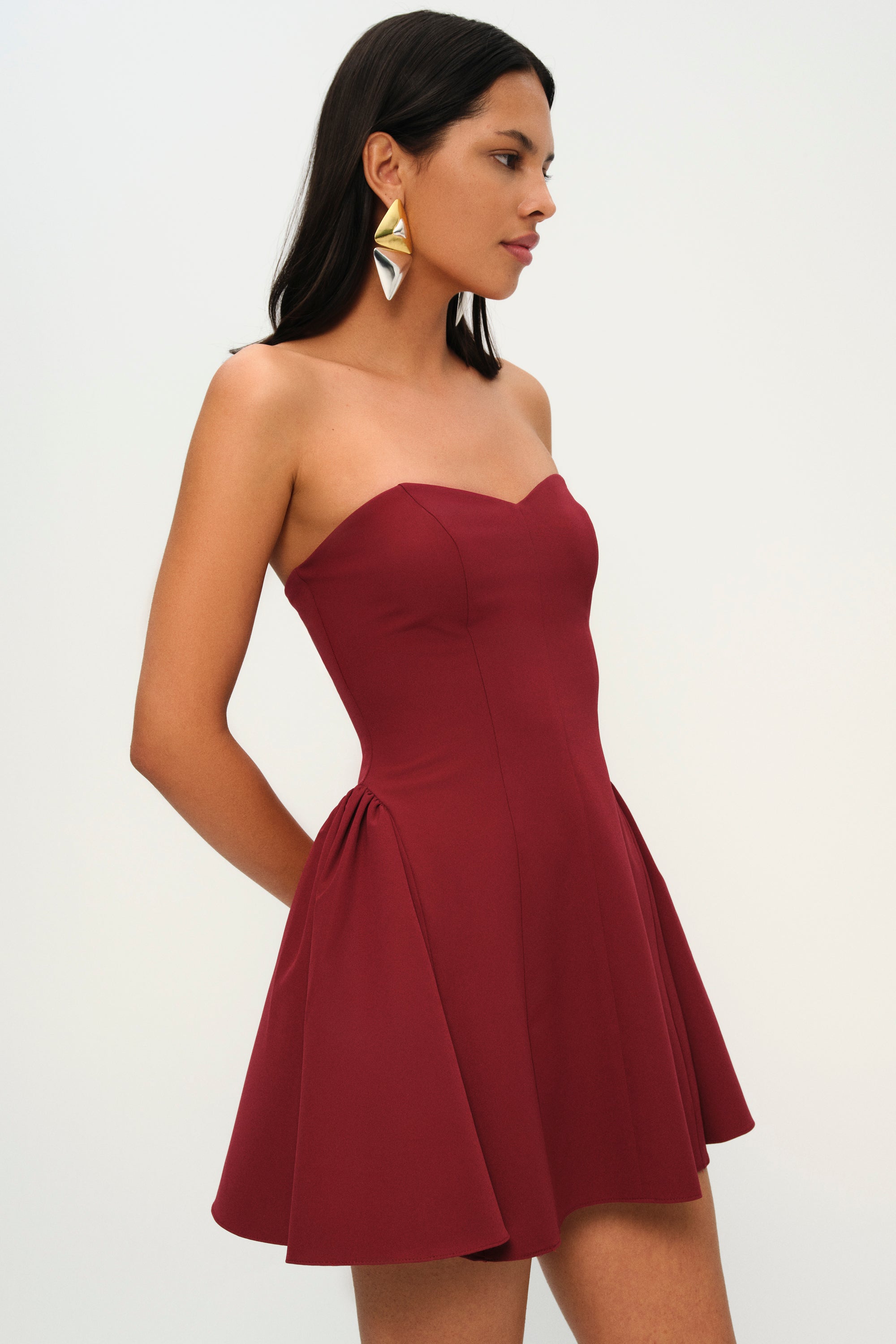 Khela bordo godet detaylı mini elbise