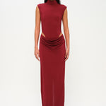 Bordo yüksek yaka kolsuz maxi elbise