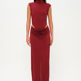 Bordo yüksek yaka kolsuz maxi elbise