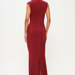 Bordo yüksek yaka kolsuz maxi elbise