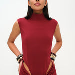 Bordo yüksek yaka kolsuz maxi elbise