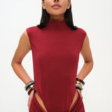 Bordo yüksek yaka kolsuz maxi elbise