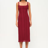 Bordo ince askılı midi elbise