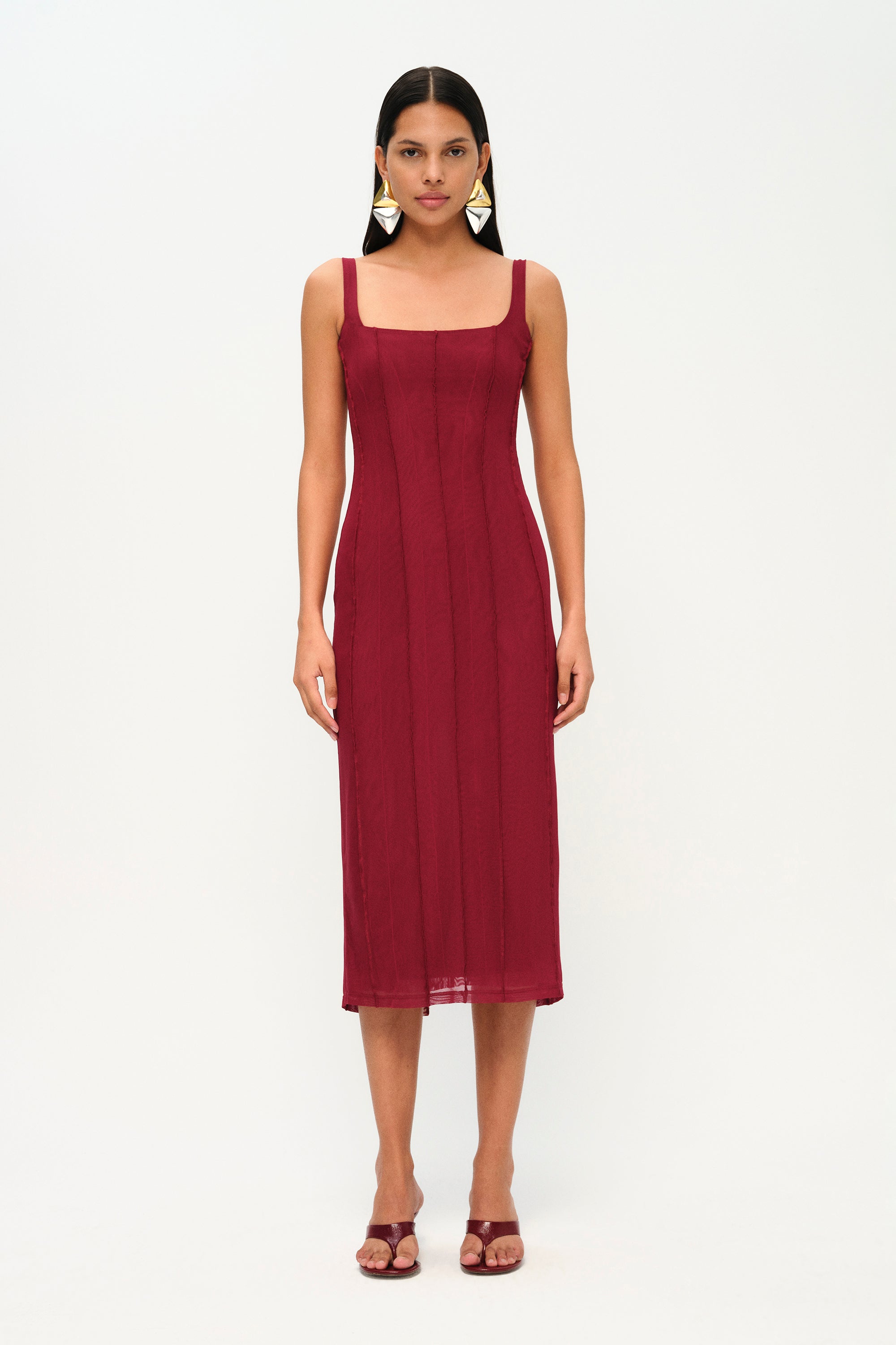 Bordo ince askılı midi elbise