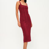 Bordo ince askılı midi elbise