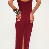 Bordo ince askılı midi elbise