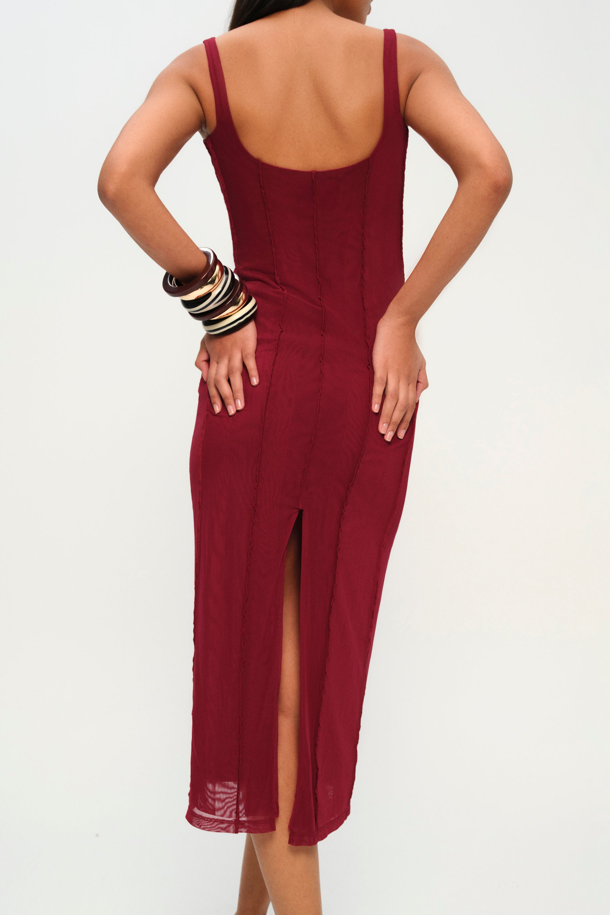 Bordo ince askılı midi elbise