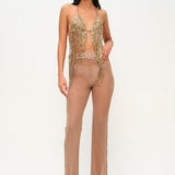 Altın rengi boncuklu halter yaka top