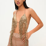 Altın rengi boncuklu halter yaka top