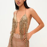 Altın rengi boncuklu halter yaka top