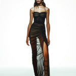 Khela siyah ince askılı drapeli şort astarlı tül elbise