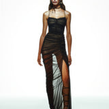 Khela siyah ince askılı drapeli şort astarlı tül elbise