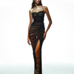 Khela siyah ince askılı drapeli şort astarlı tül elbise