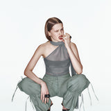 Gri straplez astarlı tek omuz detaylı tül top