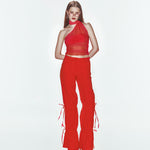 Kırmızı ayarlanabilir bağcık büzgü detaylı paraşüt pantolon