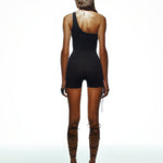 Khela tek kol göğüs dekolteli siyah mini bodysuit 