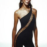 Khela tek kol göğüs dekolteli siyah mini bodysuit 