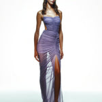 Khela lila ince askılı drapeli şort astarlı tül elbise