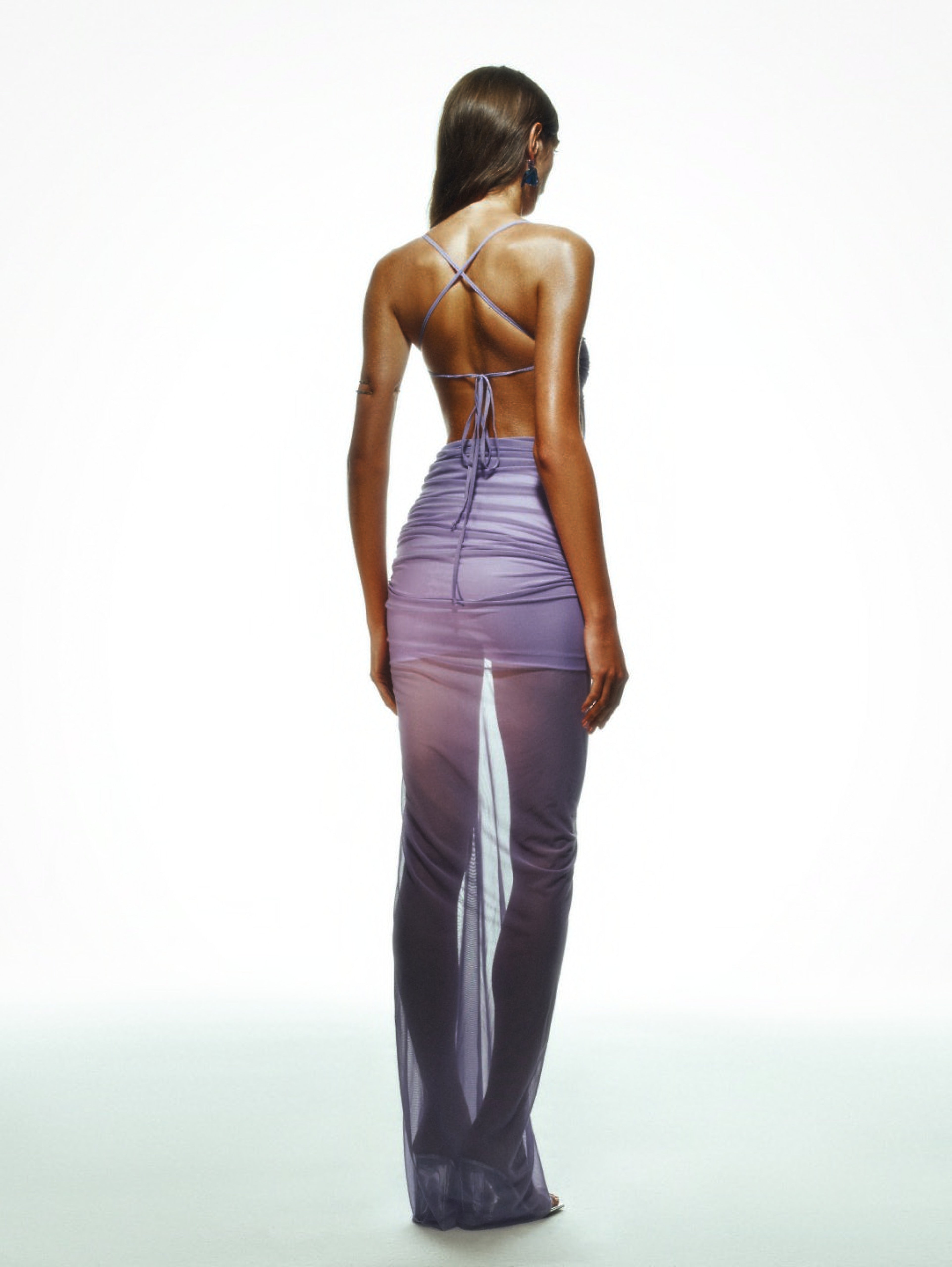 Khela lila ince askılı drapeli şort astarlı tül elbise