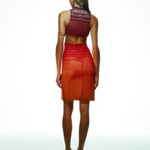 Khela turuncu gradyan baskı dik yaka kolsuz drape detaylı midi elbise