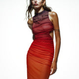 Khela turuncu gradyan baskı dik yaka kolsuz drape detaylı midi elbise