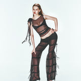 Siyah transparan çiçek detaylı kolsuz top