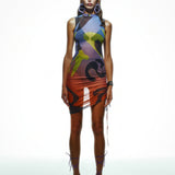 Khela desenli baskı dik yaka kolsuz drape detaylı tül elbise