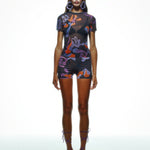 Khela desen baskılı yarım kol tül body