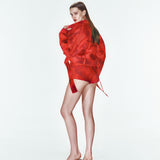 Yeşil desenli kruvaze detaylı kemerli ceket