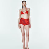 Kırmızı esnek jarse kumaşlı 3 boyutlu çiçek süslemeli bra