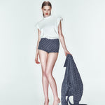 Mavi asimetrik kemerli bomber büyük beden kalıp ceket.