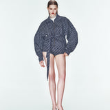 Mavi asimetrik kemerli bomber büyük beden kalıp ceket.