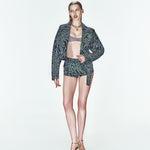 Yeşil desenli kruvaze detaylı kemerli ceket