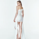 Beyaz drapeli tek omuz astar tulumlu mini elbise