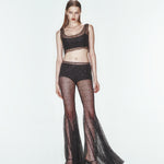 Siyah ispanyol paça biye kemerli transparan pantolon