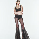 Siyah çiçek desenli ve boncuklu transparan top