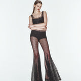 Siyah çiçek desenli ve boncuklu transparan top