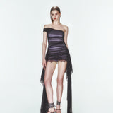 Siyah drapeli tek omuz astar tulumlu mini elbise