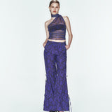 Mor desenli ayarlanabilir bağcık büzgü detaylı paraşüt pantolon
