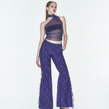 Mor desenli ayarlanabilir bağcık büzgü detaylı paraşüt pantolon
