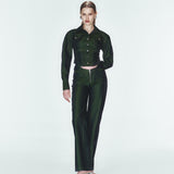 Yeşil fermuar detaylı denim pantolon