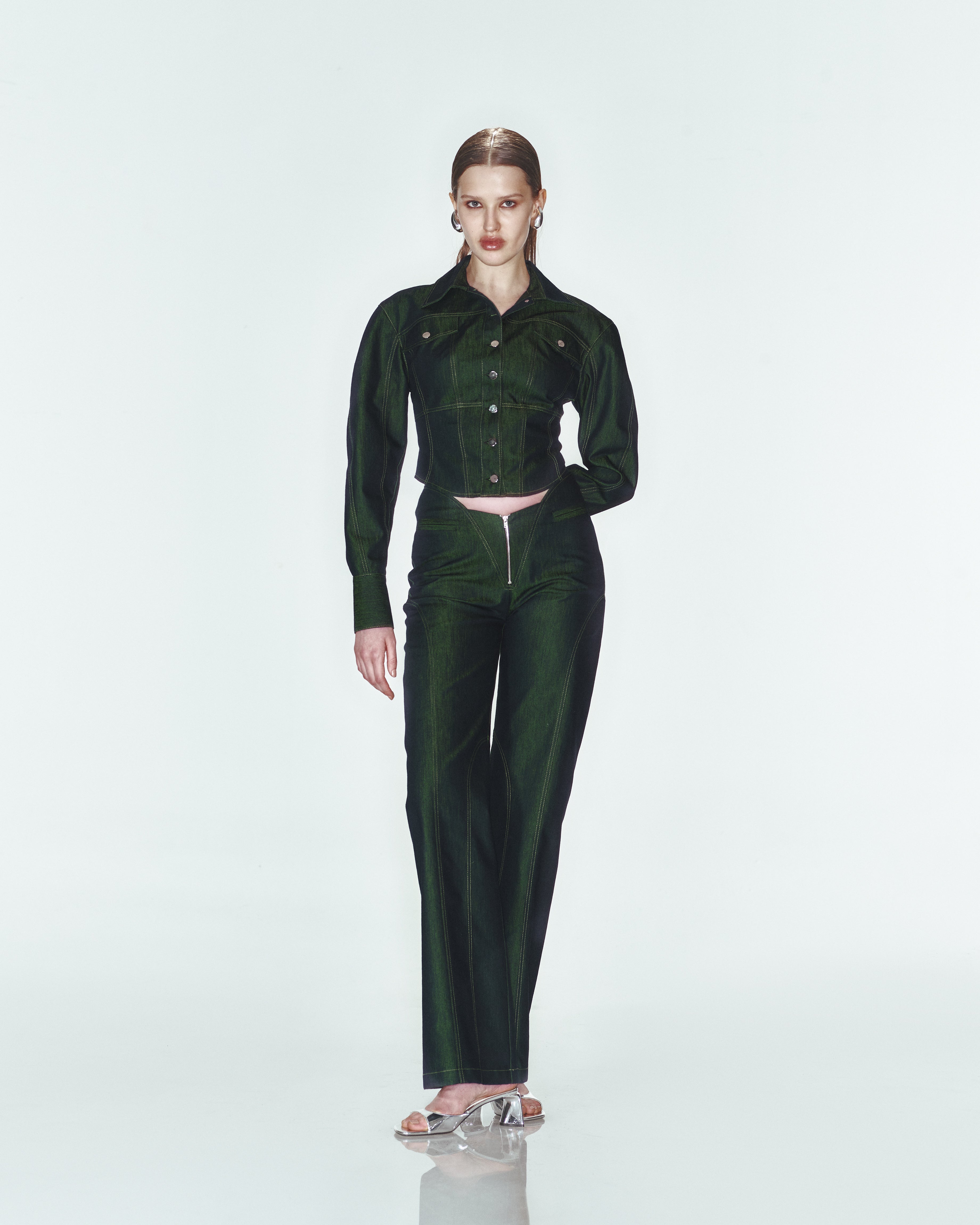 Yeşil fermuar detaylı denim pantolon