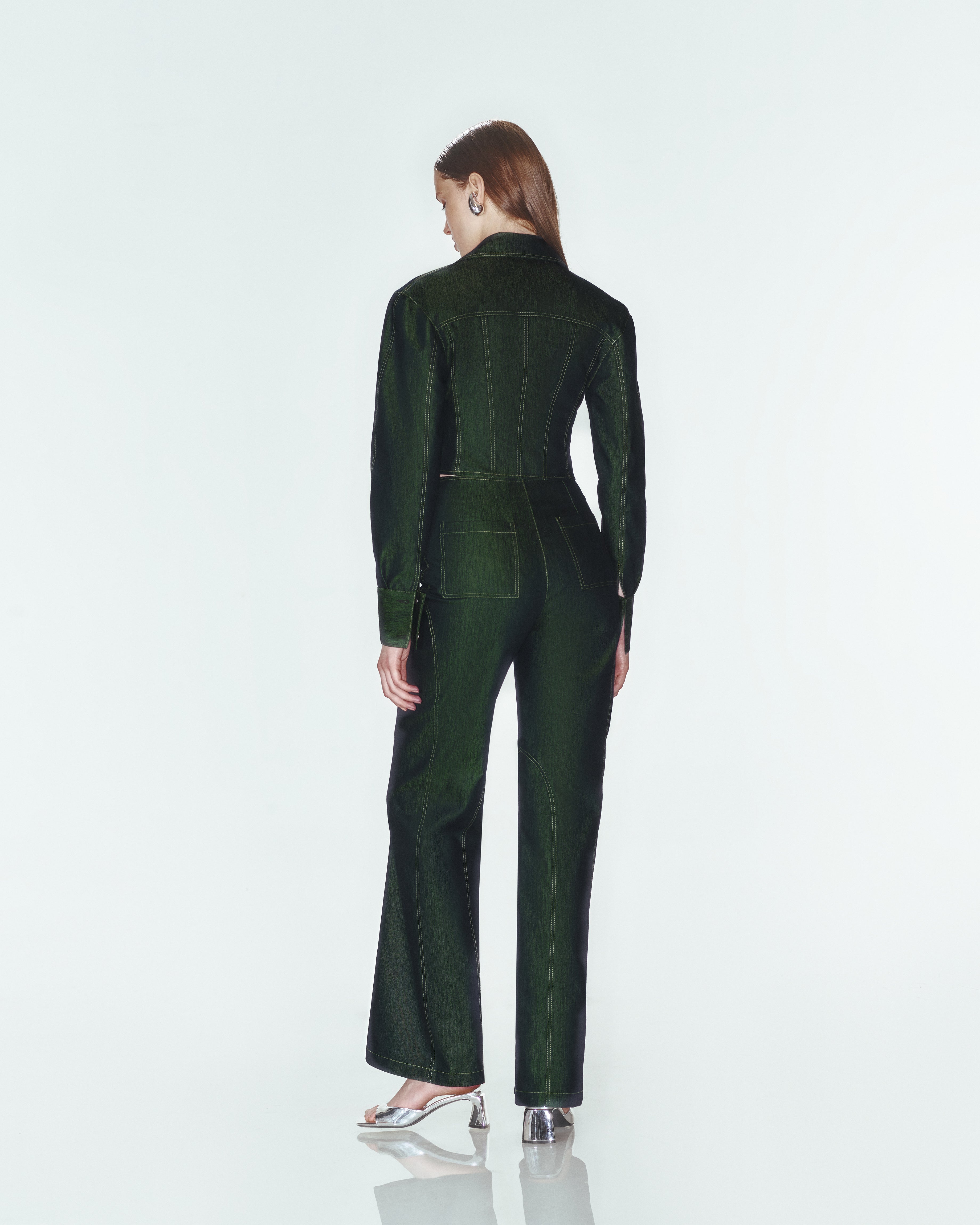 Yeşil fermuar detaylı denim pantolon