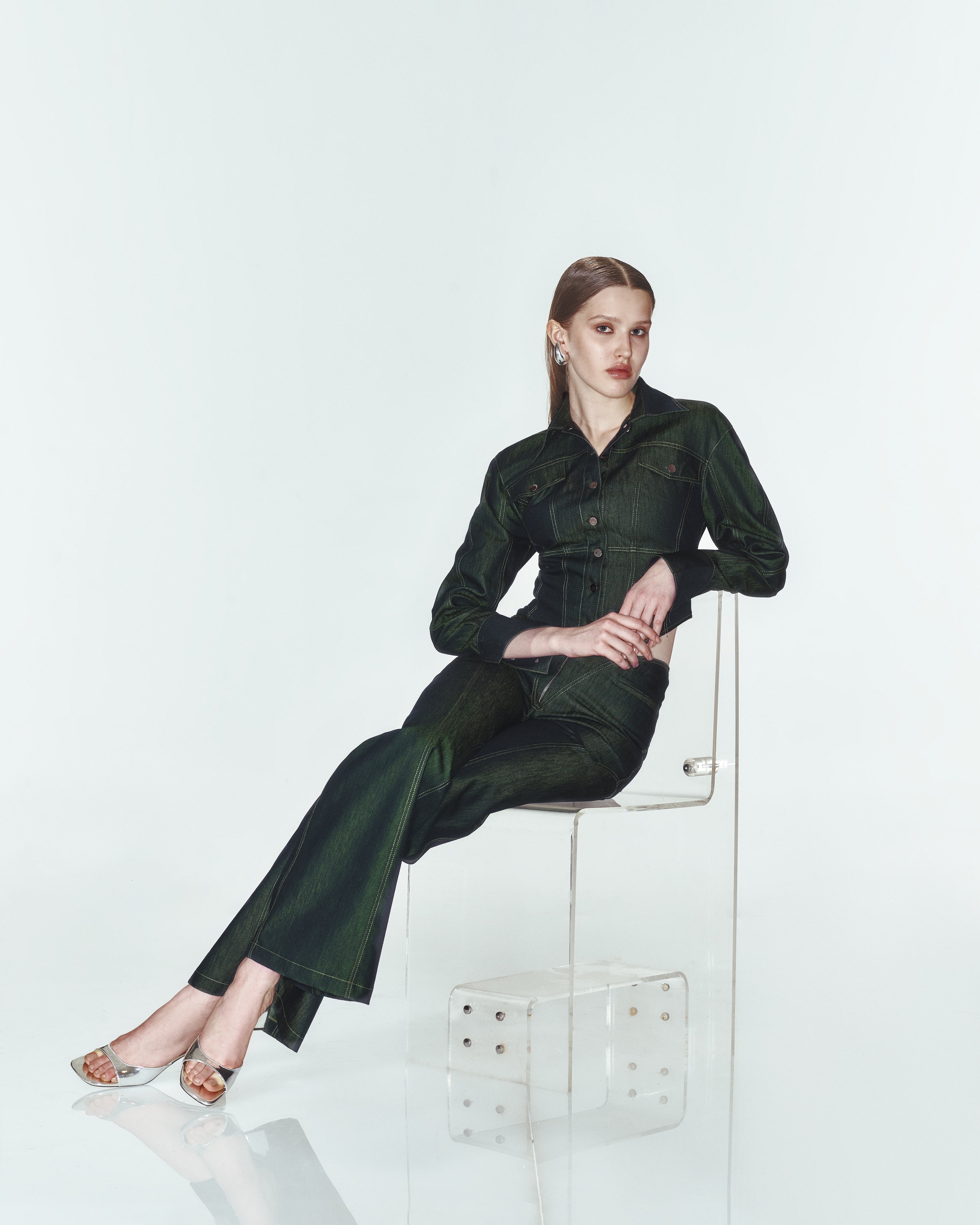 Yeşil fermuar detaylı denim pantolon